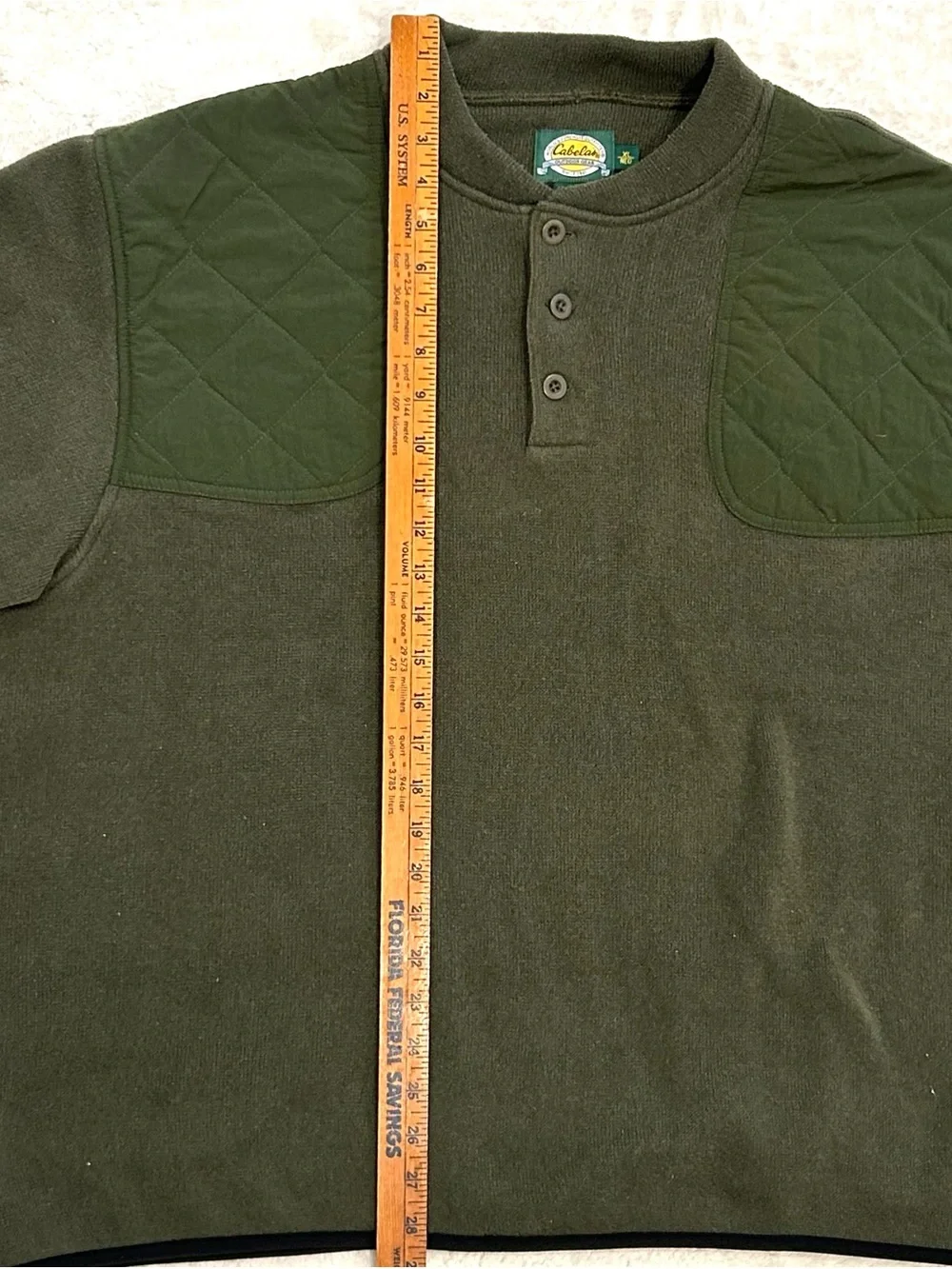 Cabelas Men’s Pullover Green Polartec Fleece Hunting Sweater Quilted Patch XL